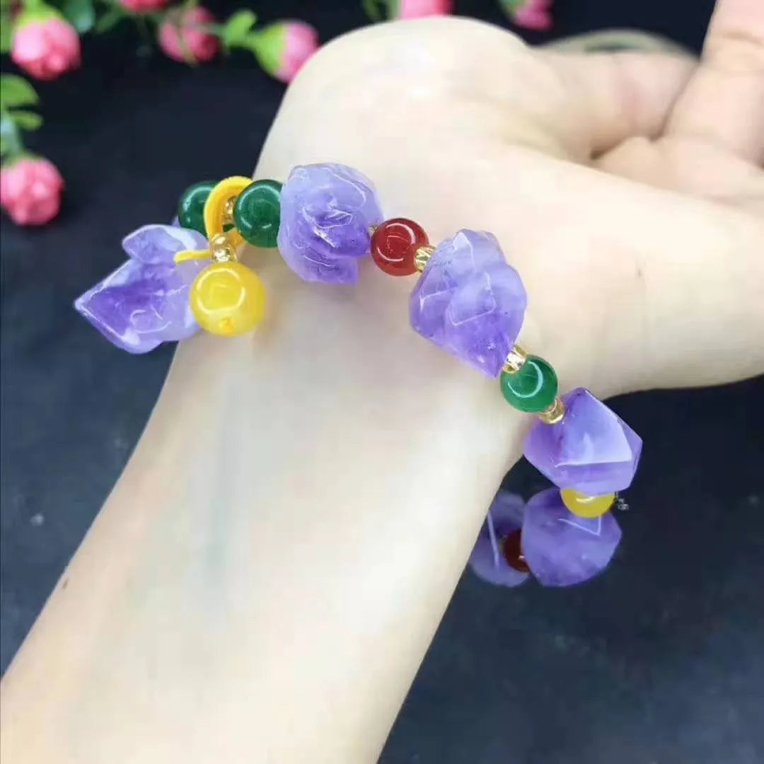 Natural purple amethyst bead bracelet for women with a silver Fu character charm.