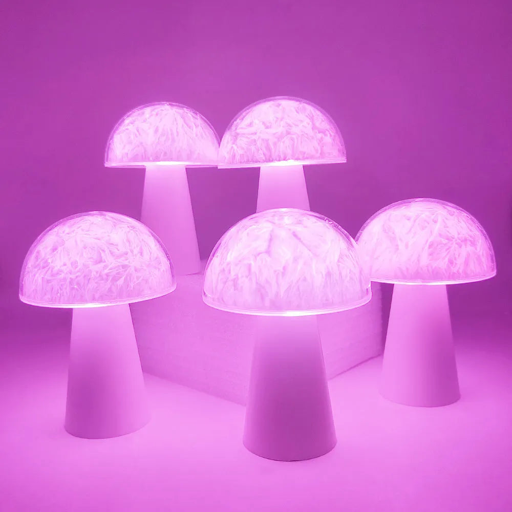 Mushroom-shaped remote control night lamp with RGB colour changing lights, measuring 9cm wide by 13.5cm tall