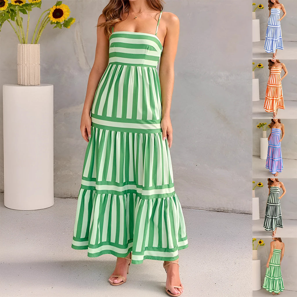Women's striped printed summer dress with square neckline, backless design and pockets