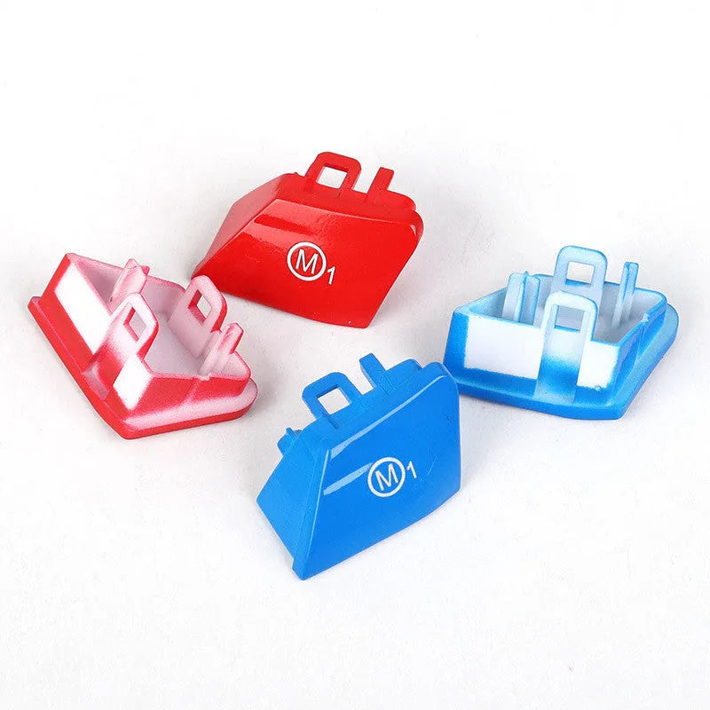 Pair of red and blue BMW steering wheel M1 M2 mode button accessories made from ABS plastic.