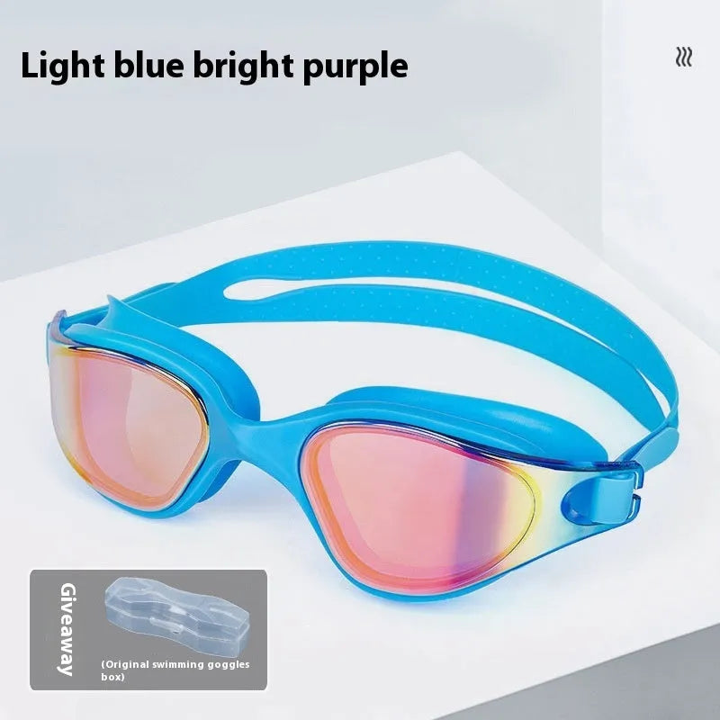 One-piece silicone large frame swimming goggles for adults in black colourful gold colour