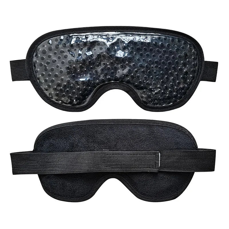 White rechargeable eye massager device with warm compress and atomisation cleaning functions, shown with included eye mask.