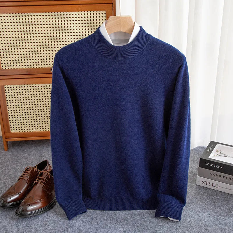 Men's loose fit half collar wool sweater in a light business style, shown in a choice of colours.