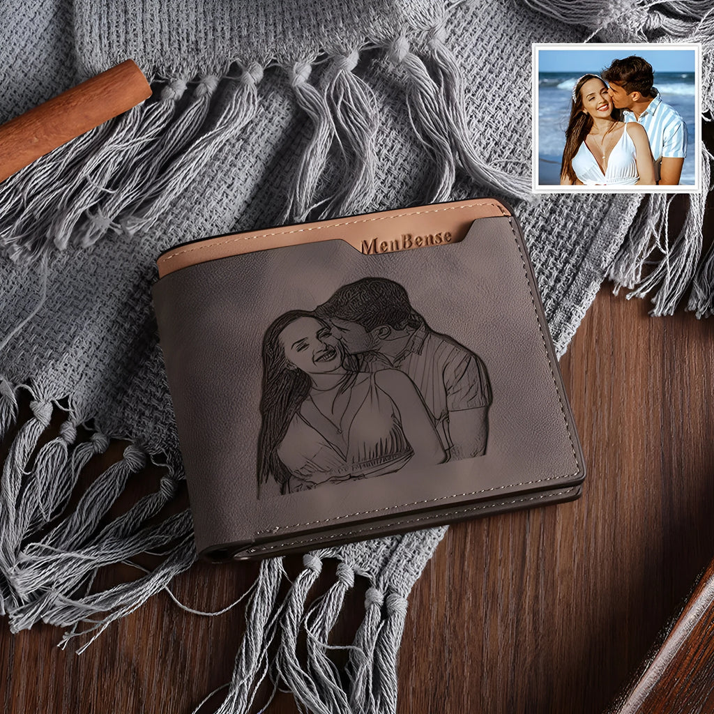 Coffee brown horizontal PU leather wallet with personalised photo engraving on the front, showing seven card slots inside.