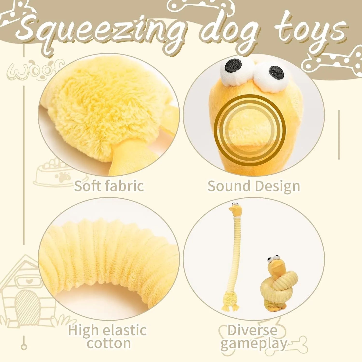 Brown, grey, and yellow plush squeaky dog toys with crinkle material for chewing.
