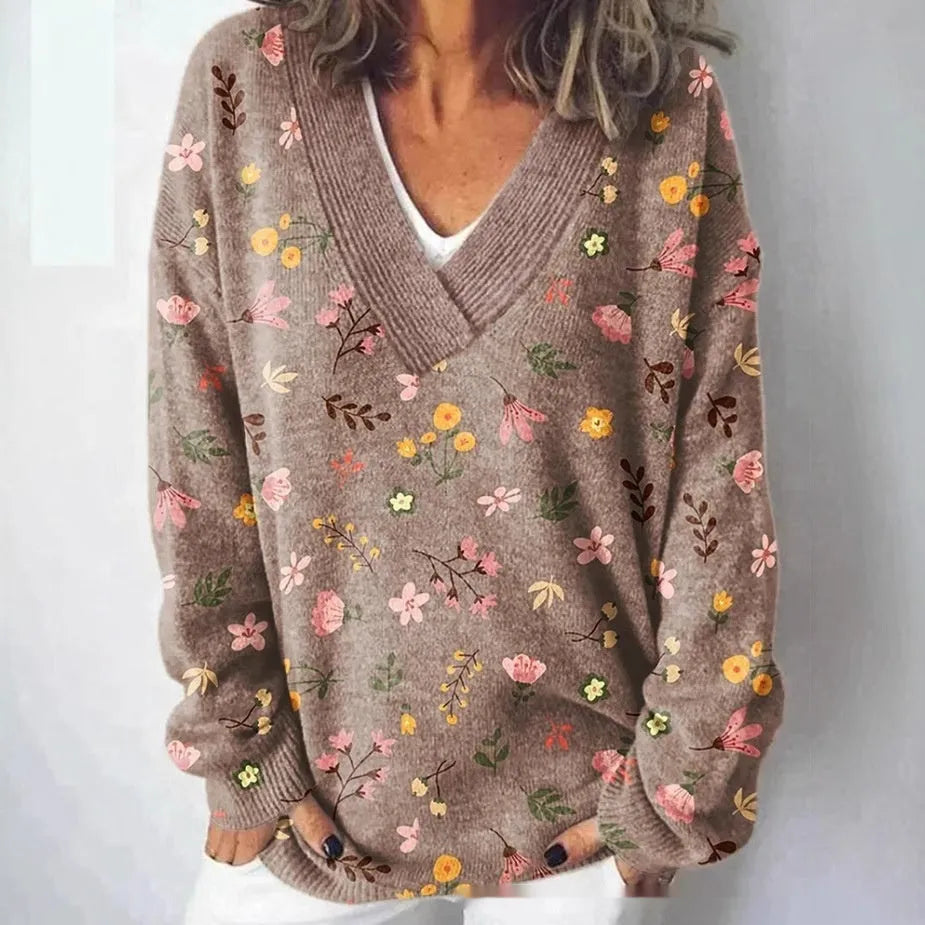 Women's V-neck floral print sweatshirt with 3D effect and long sleeves in art retro style.