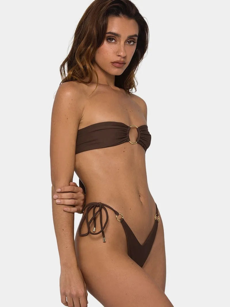 Brown women's push-up bikini swimsuit with tube-top ring tether design