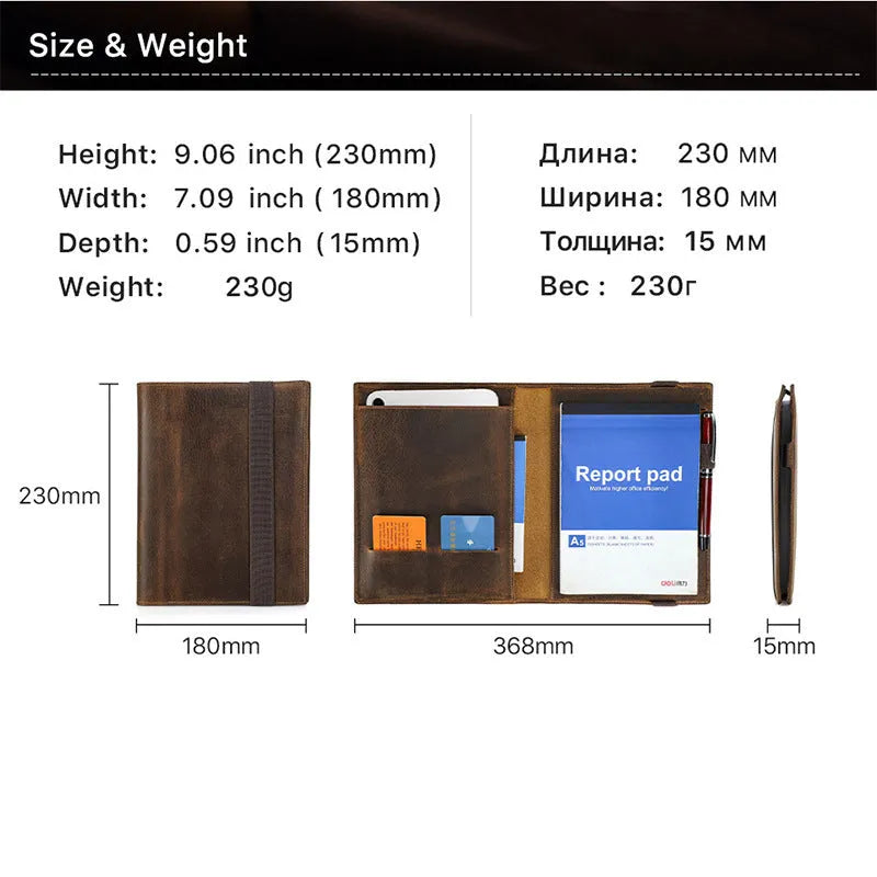 Brown Crazy Horse leather A5 notebook protective sleeve with square socket design.
