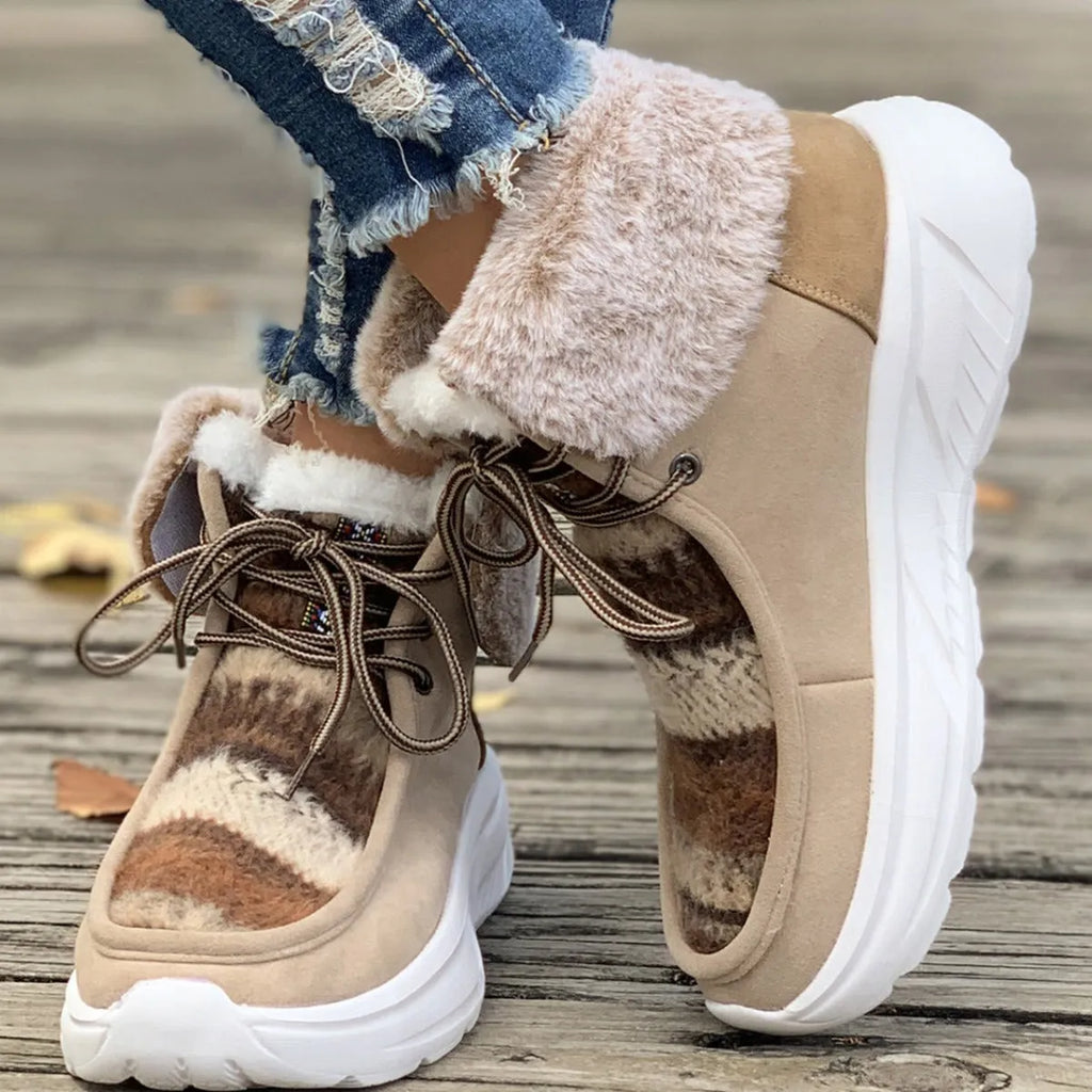 Beige women's lace-up suede snow boots with plush lining and thick rubber sole