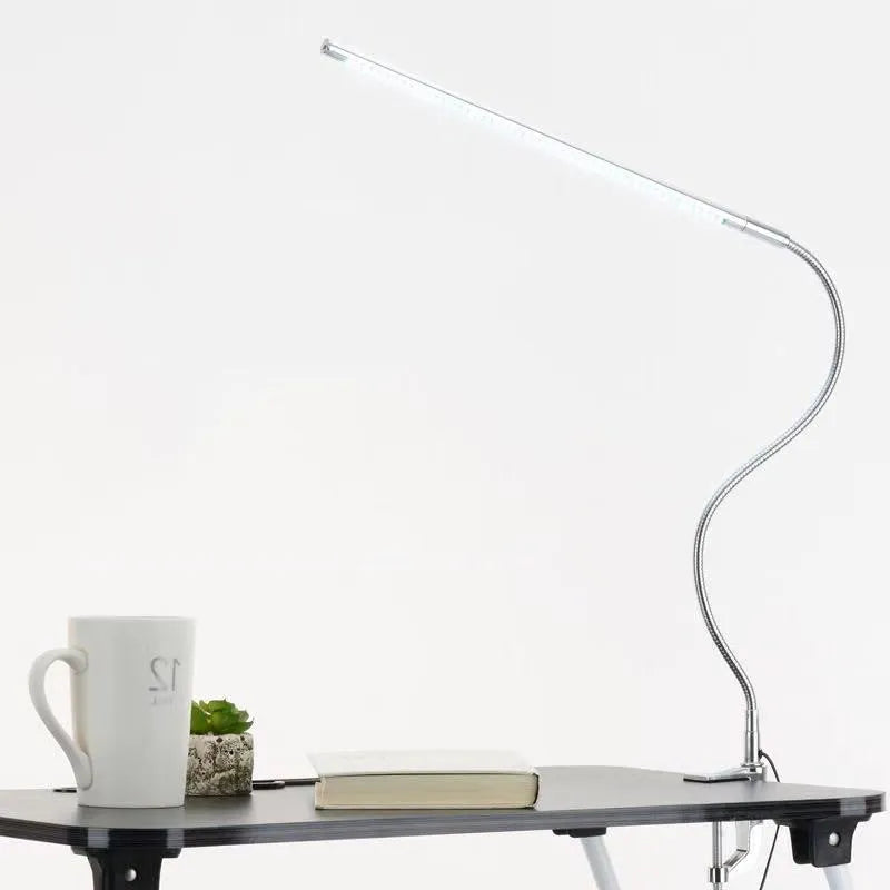 Silver aluminium alloy LED clip table lamp with long arm for nail art and crafting, showing clip attachment and USB cable