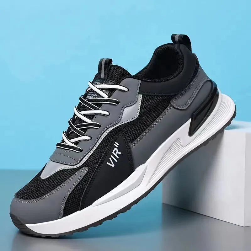 Men's colour block mesh lace-up sneakers in low-top style with round toe.