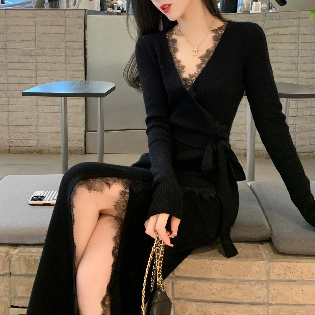 Black slim fit woolen skirt with princess dress styling on mannequin