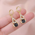 Light luxury diamond-inlaid drop hollow double-layer earrings in black oil drop colour for women