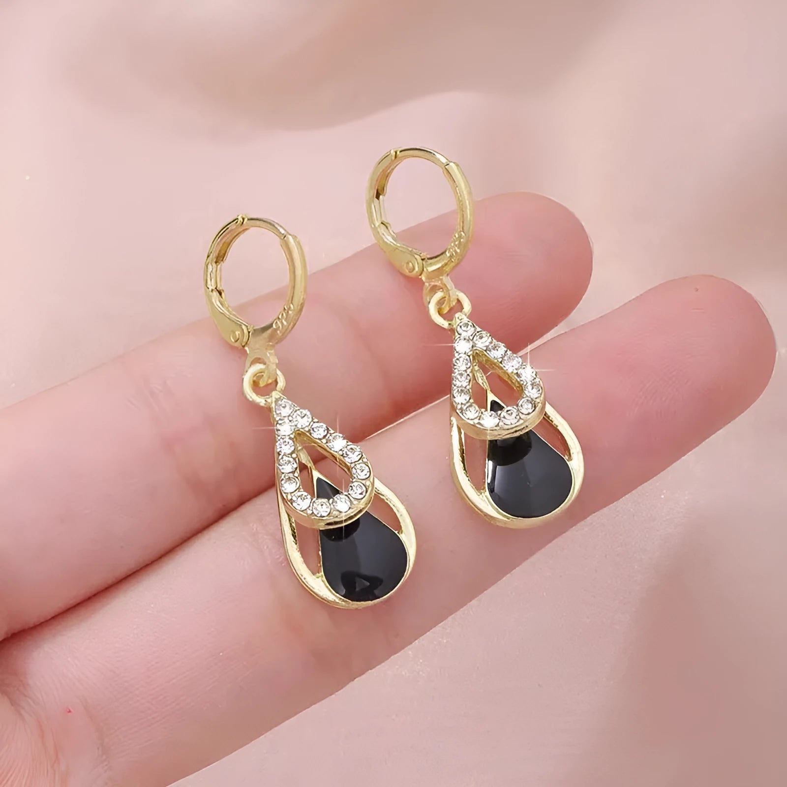 Light luxury diamond-inlaid drop hollow double-layer earrings in black oil drop colour for women