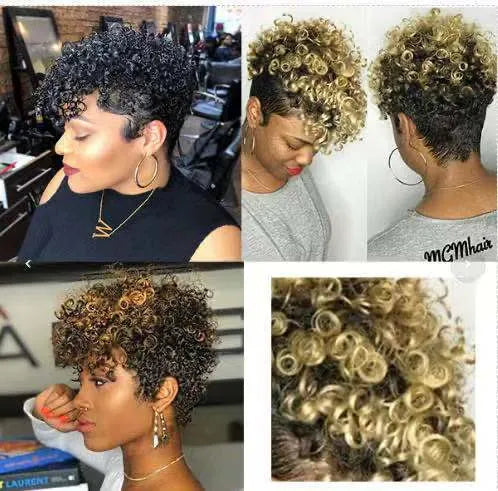 Women's short synthetic wig with simple rolls styling in Kanekalon material showing black, brown, gold, and grey colour options