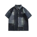 Men's loose cardigan-style denim shirt with retro washed stitching in blue colour