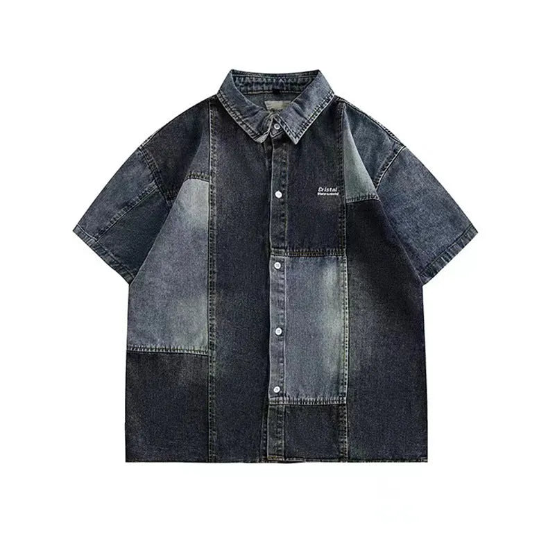 Men's loose cardigan-style denim shirt with retro washed stitching in blue colour