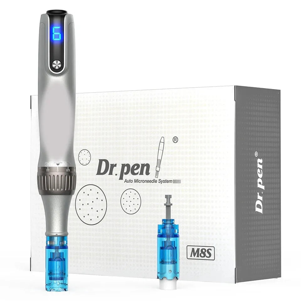 Grey wireless electric micro-needle pen with USB charging port lying on a flat surface