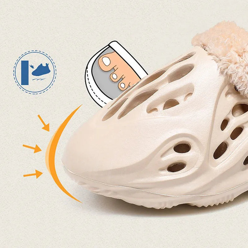 Unisex EVA hole slip slippers in apricot with removable warm plush cover on a light background