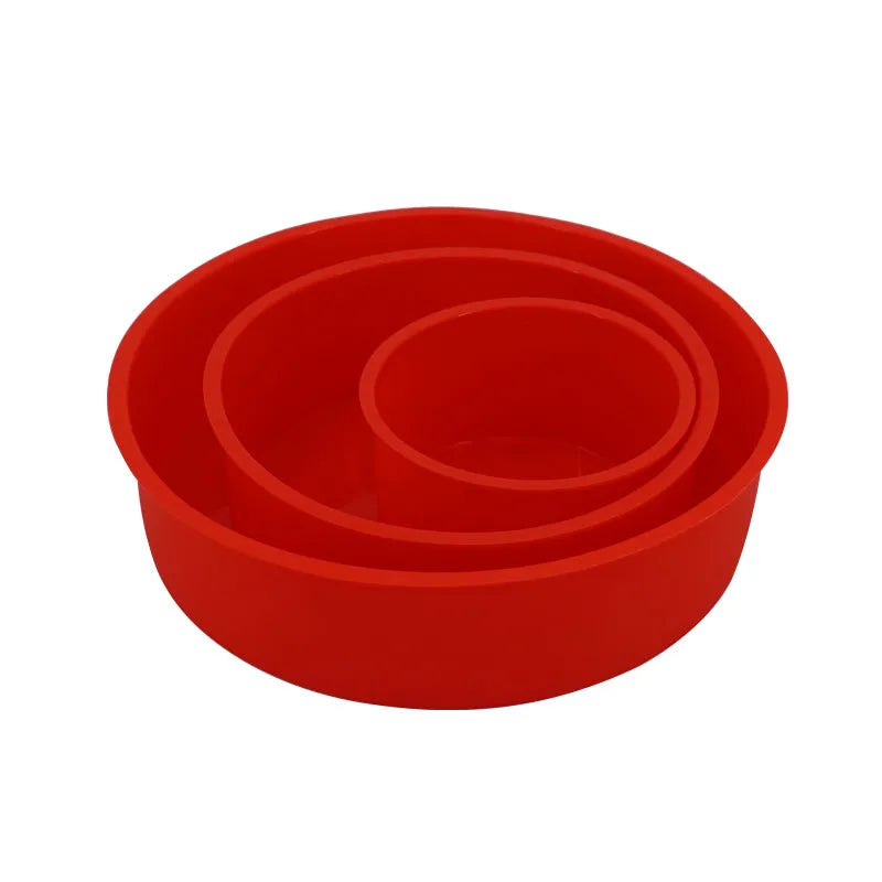 Red round silicone cake mold in 4 6 and 8 inch sizes for flexible non-stick baking