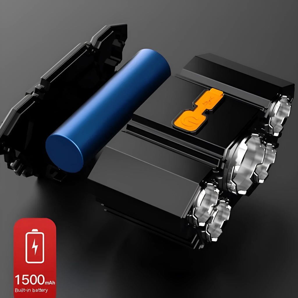 10W rechargeable LED miner's headlamp with head strap, made from black PVC, shown with data cable and colour box.