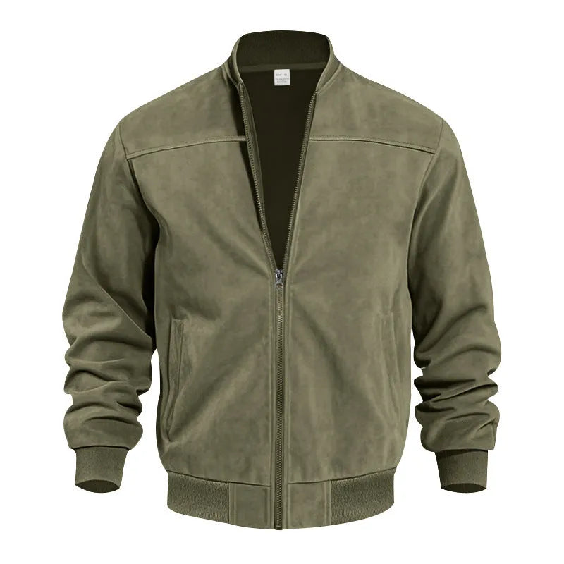 Men's plus size casual suede-look zipper jacket in multiple colour options on a hanger.
