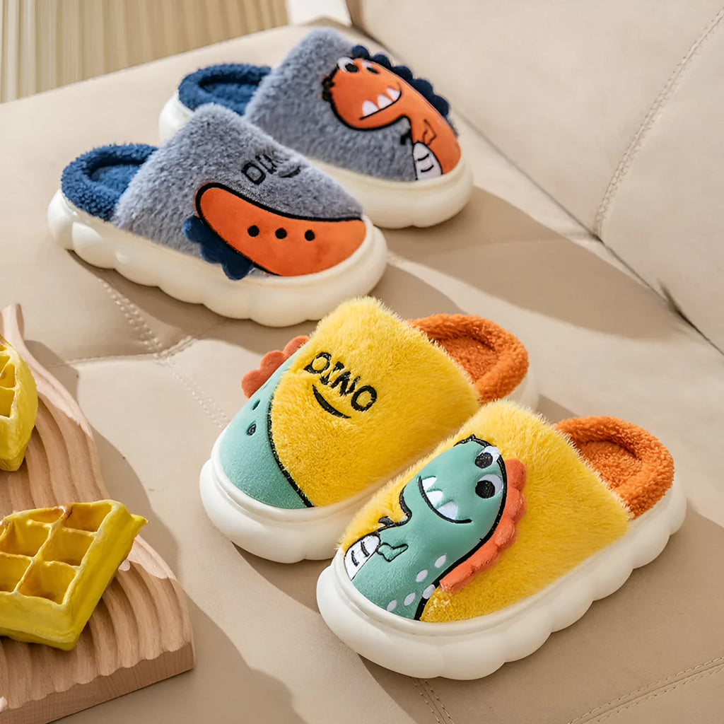 Couple dinosaur plush slippers in three colour designs with thickened soles for indoor wear