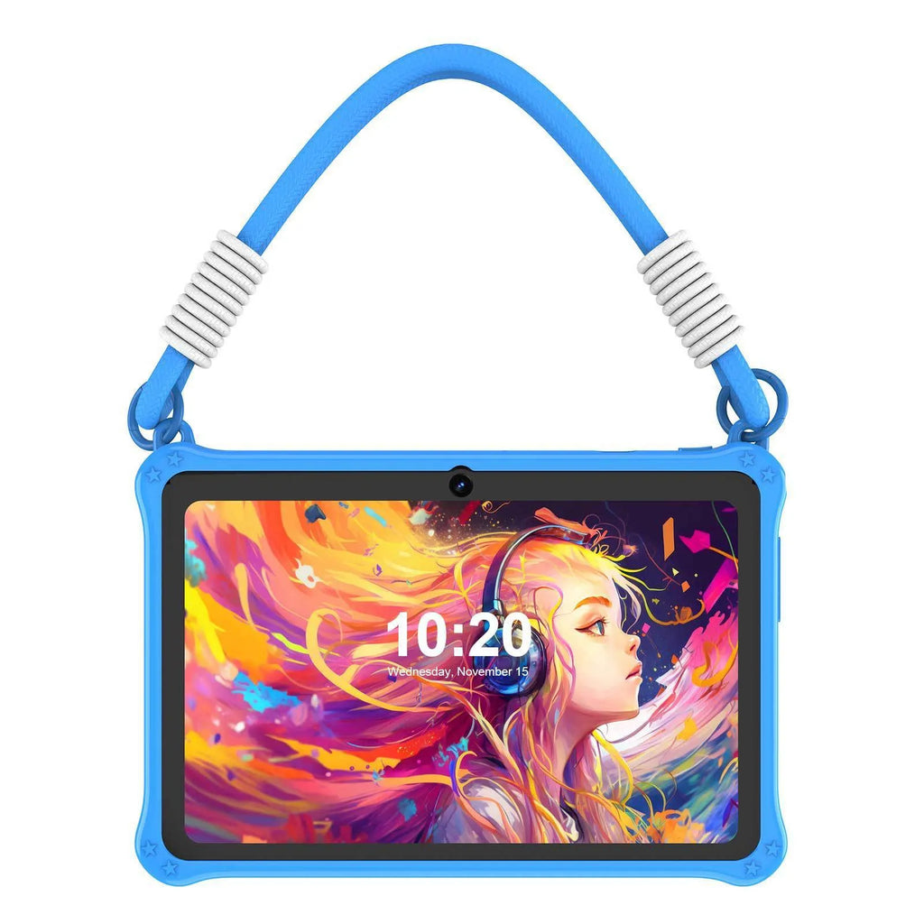 7-inch silicone protective case with flat strap for children's tablets in sapphire blue and dark pink colours