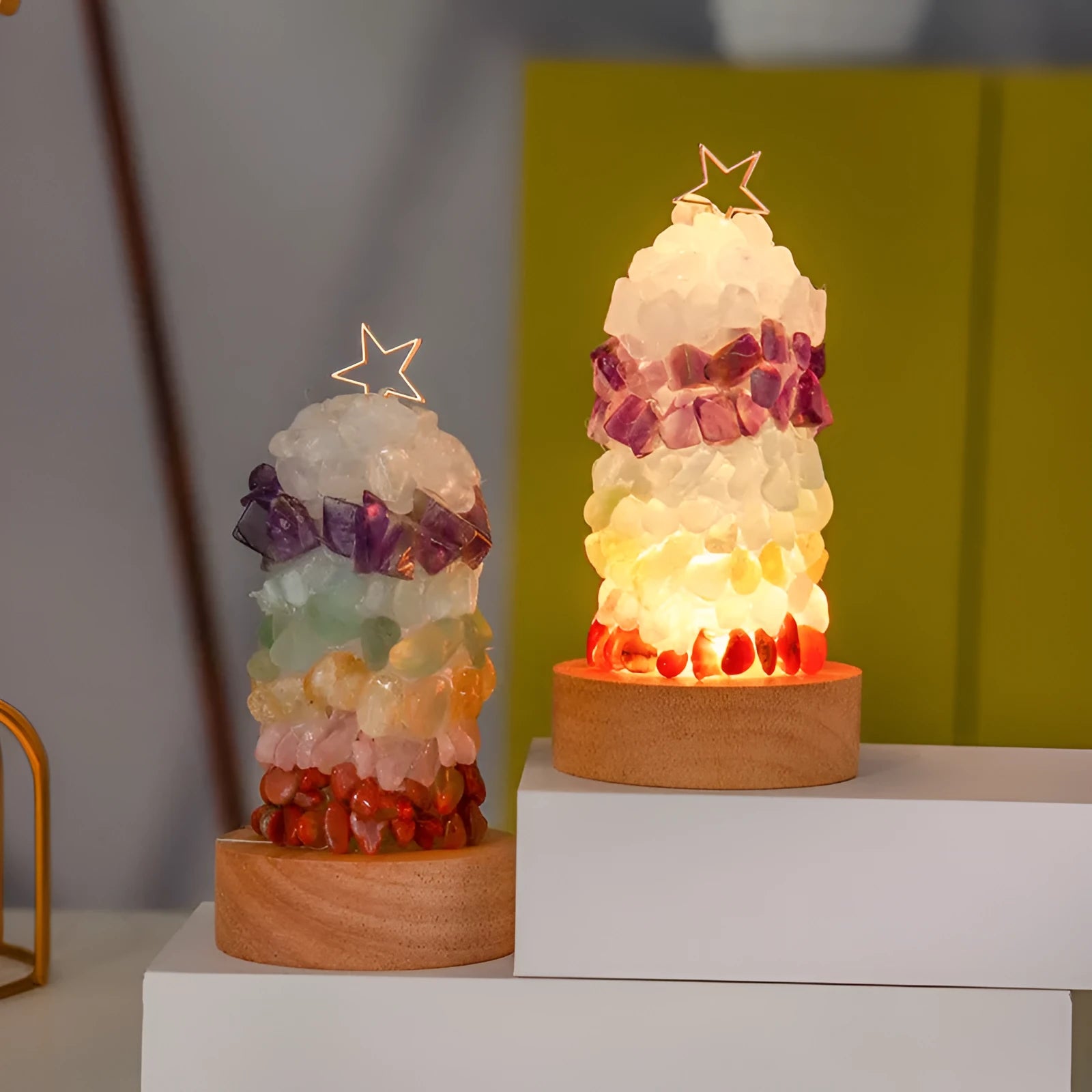 Natural crystal gravel small night lamp with geometric shape and warm light, USB powered