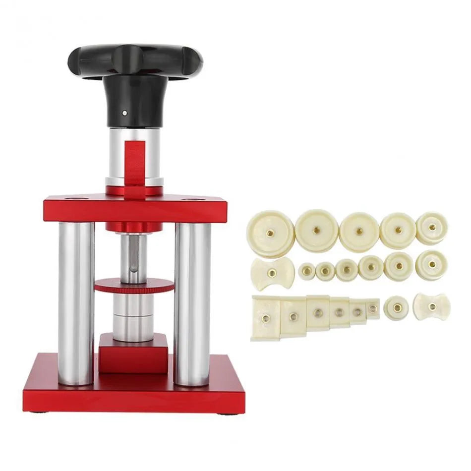 Watch repair tool with spiral cap presser and 20 plastic molds for back cover installation
