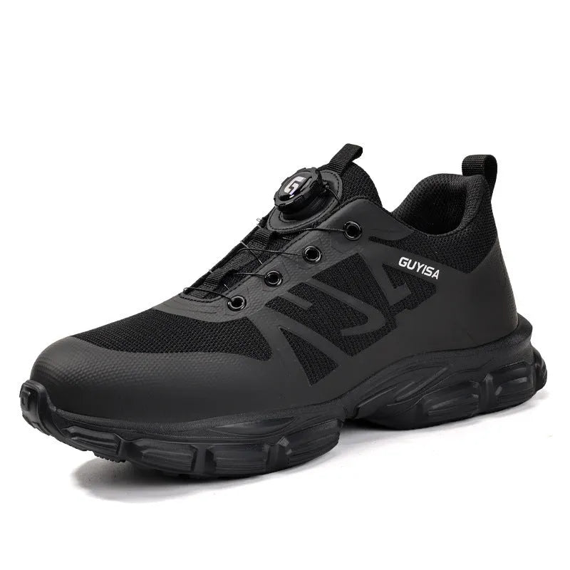 Lightweight industrial safety shoes with flyknit upper, steel toe cap, and dark coloured outsole.