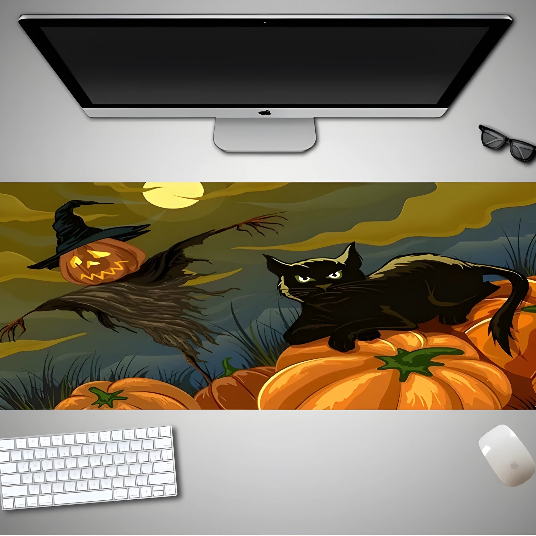 Halloween-themed oversized mouse pad showing rubber cloth texture and non-slip base