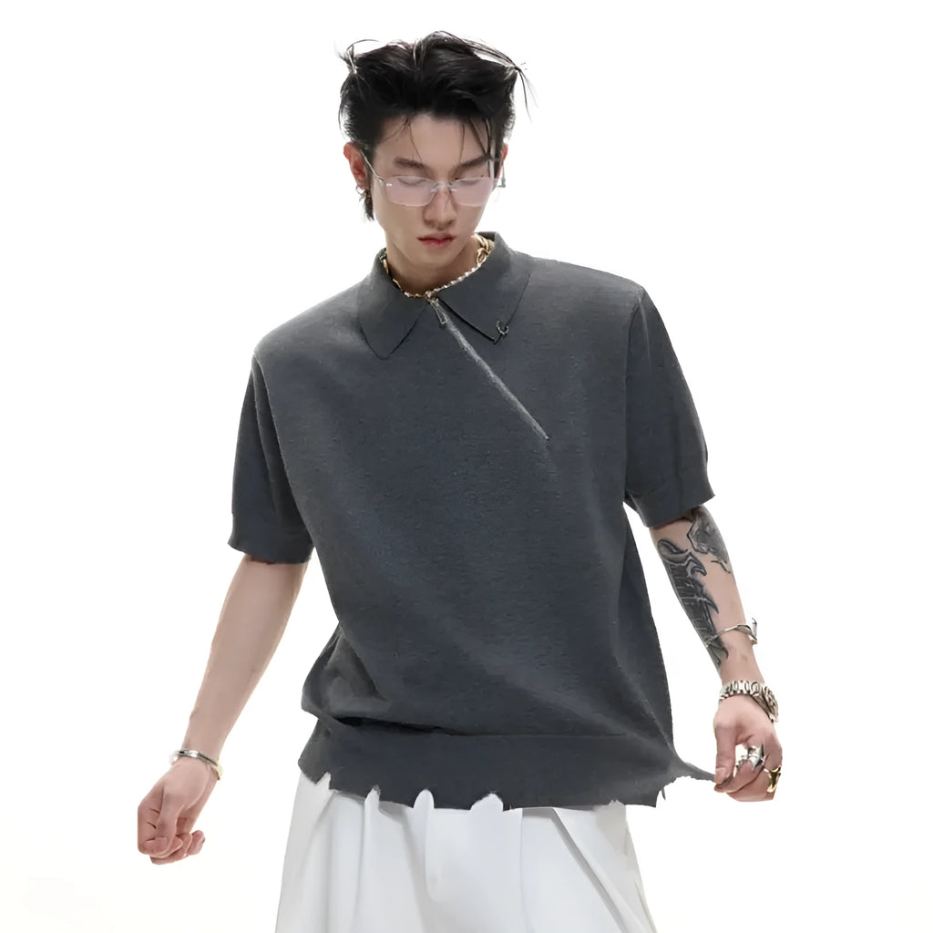 Men's slim-fit knitted polo shirt with oblique zipper lapel collar in solid colour option