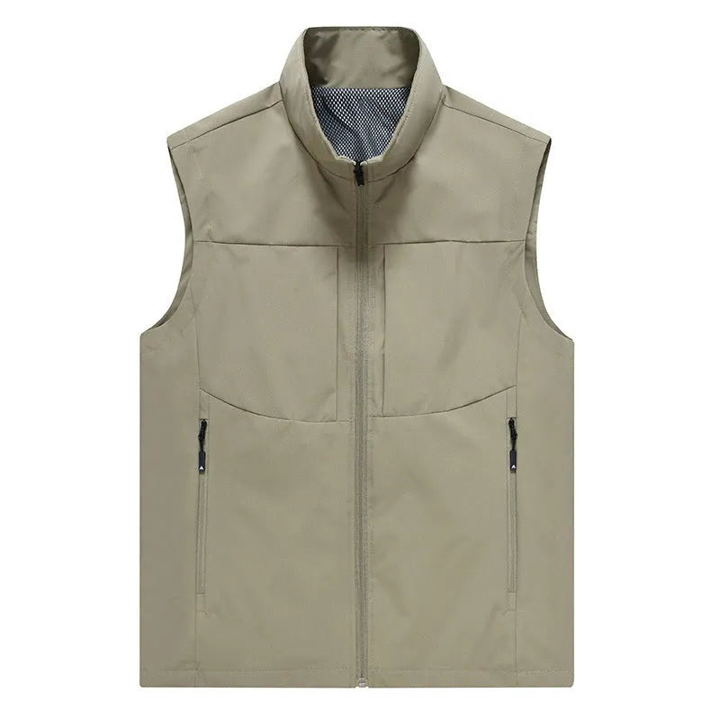 Men's loose fit stand collar polyester cardigan vest in khaki colour with zippered pockets.