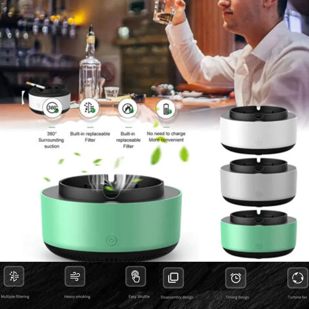 Battery powered smoke removal ashtray in starry sky green with anion purification and tray grooves for cigarette butts