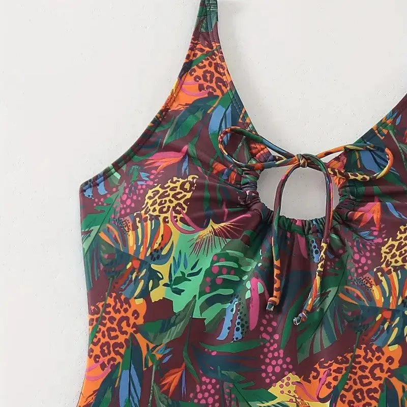 Women's one-piece printed triangle sexy swimsuit in colourful polyester fabric, sleeveless backless style