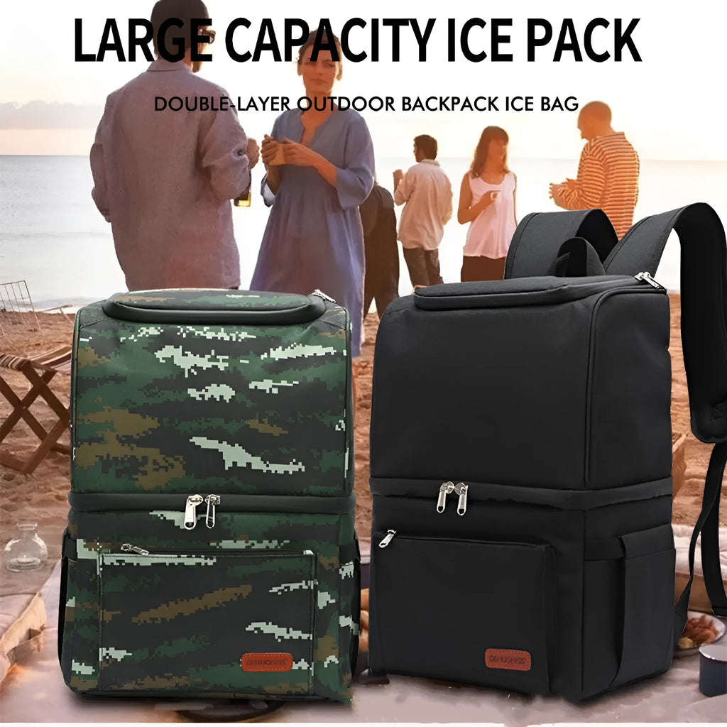 Blue double-layer insulated picnic backpack with shoulder straps and 22-litre capacity.