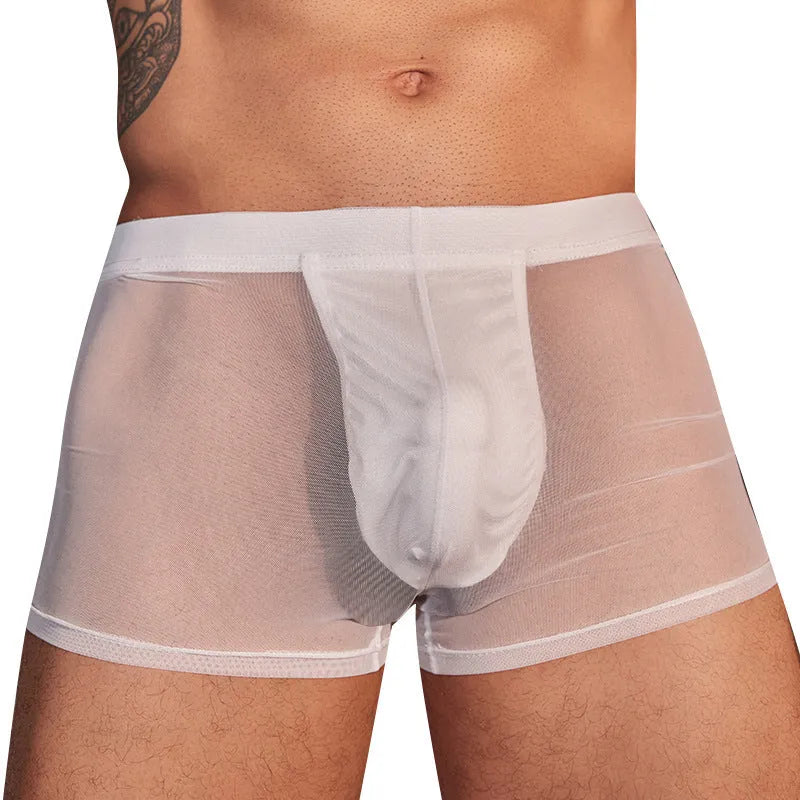 Men's black ultra-thin nylon boxer briefs laid flat, showing free size label.