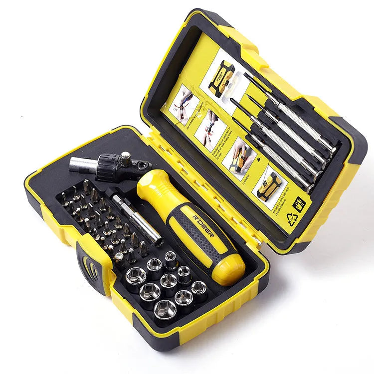 39 in 1 combination ratchet screwdriver set in yellow case with chrome-vanadium steel bits, sockets, and extension rod