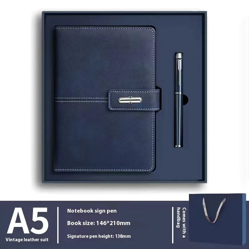 A5 notebook with PU leather cover in one of six colour options, showing wood-free paper inside.