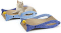 Blue fish-shaped cardboard cat scratcher lounge with bell toys on elastic cord