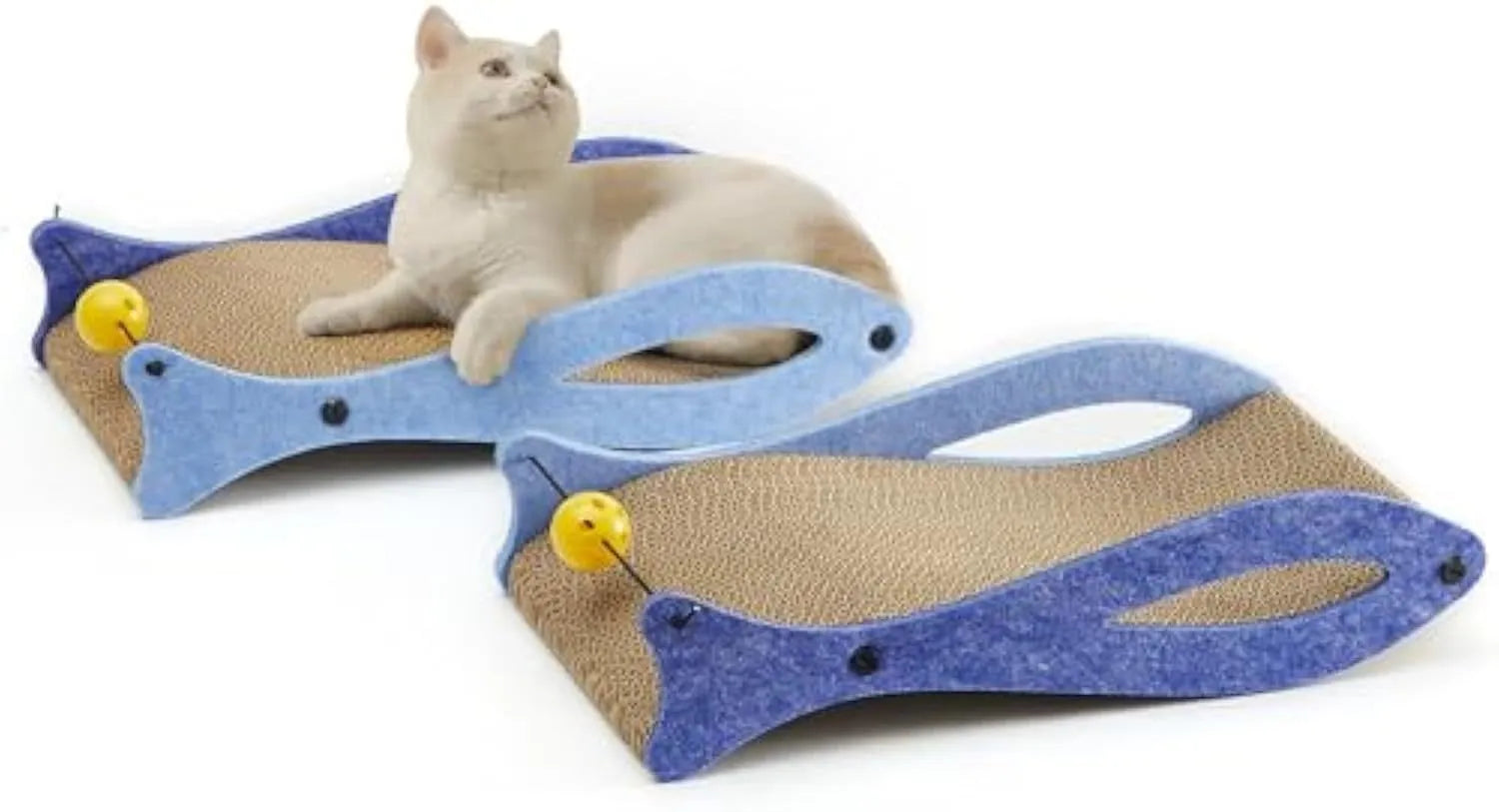 Blue fish-shaped cardboard cat scratcher lounge with bell toys on elastic cord