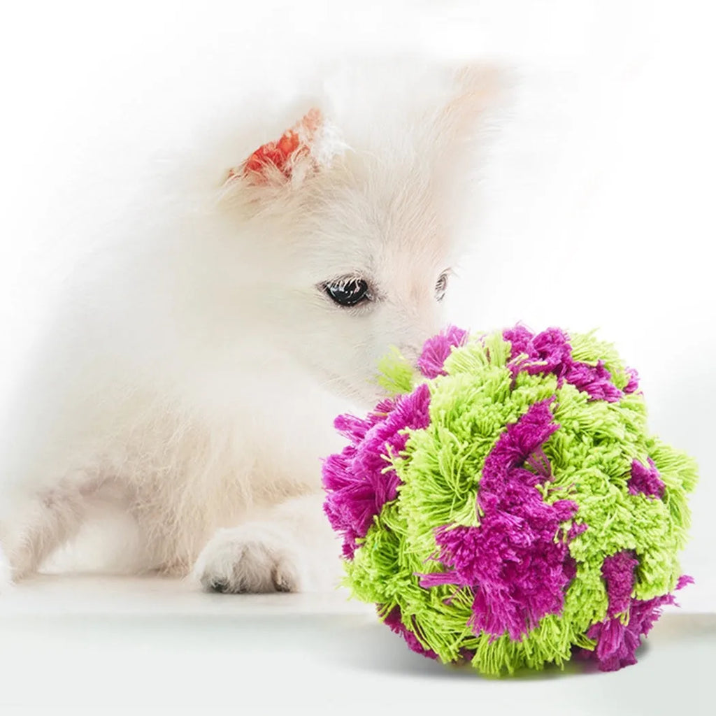 Purple plush sea ball dog chew toy with 15cm diameter for teeth cleaning