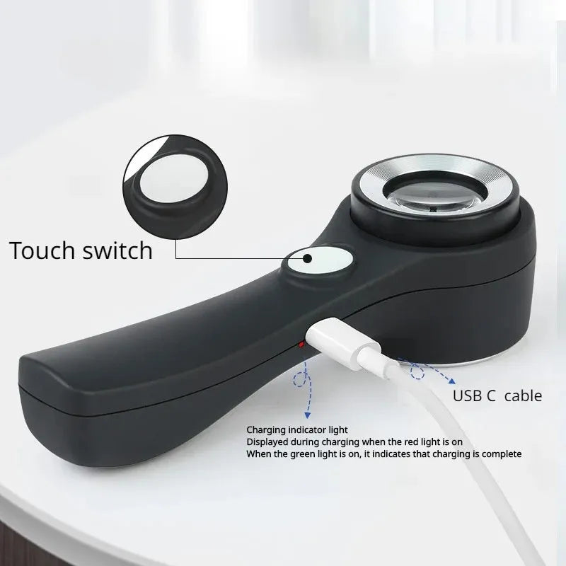 Professional appraisal magnifying glass with optical glass lens and USB-C charging port