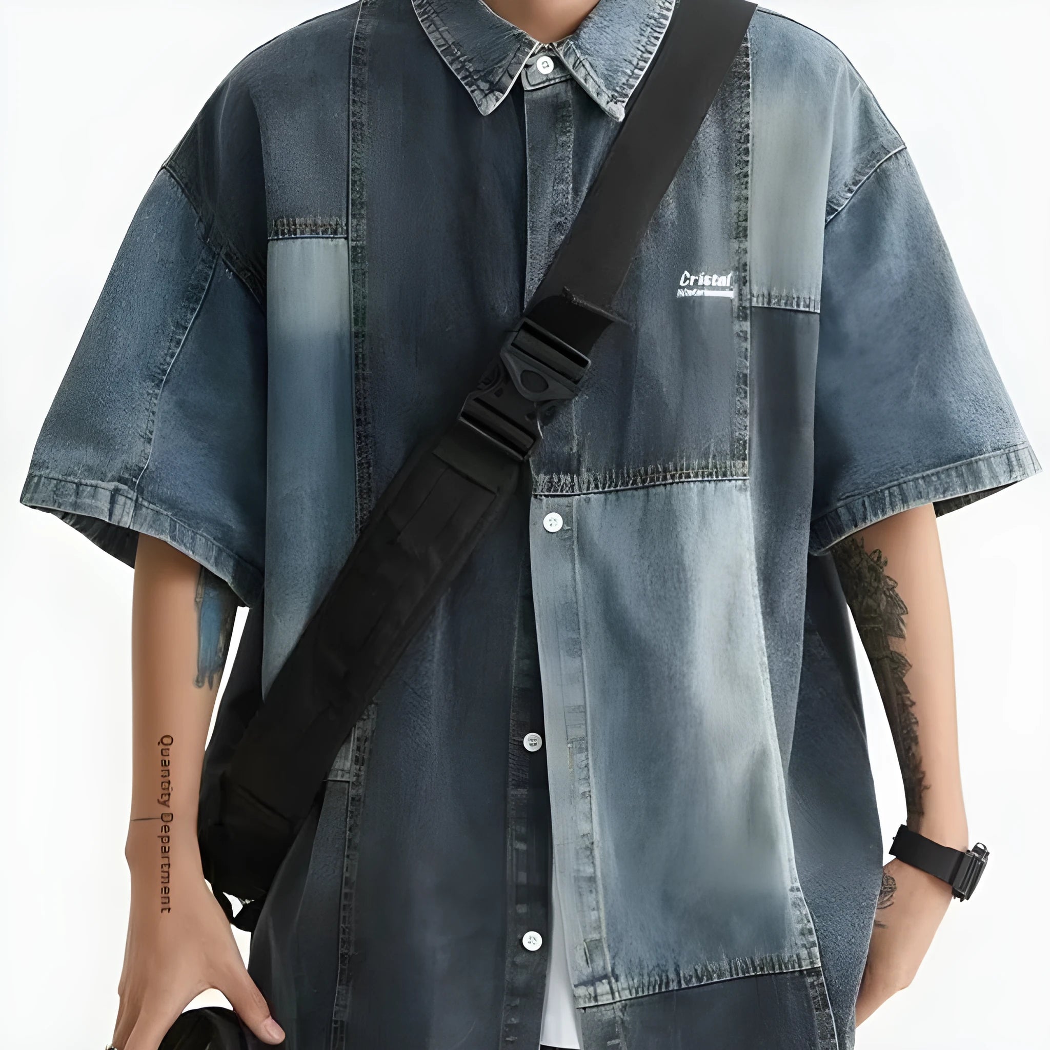 Men's loose cardigan-style denim shirt with retro washed stitching in blue colour