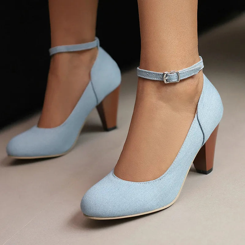 Women's blue denim waterproof platform high-heel shoes with buckle fastening and round toe design