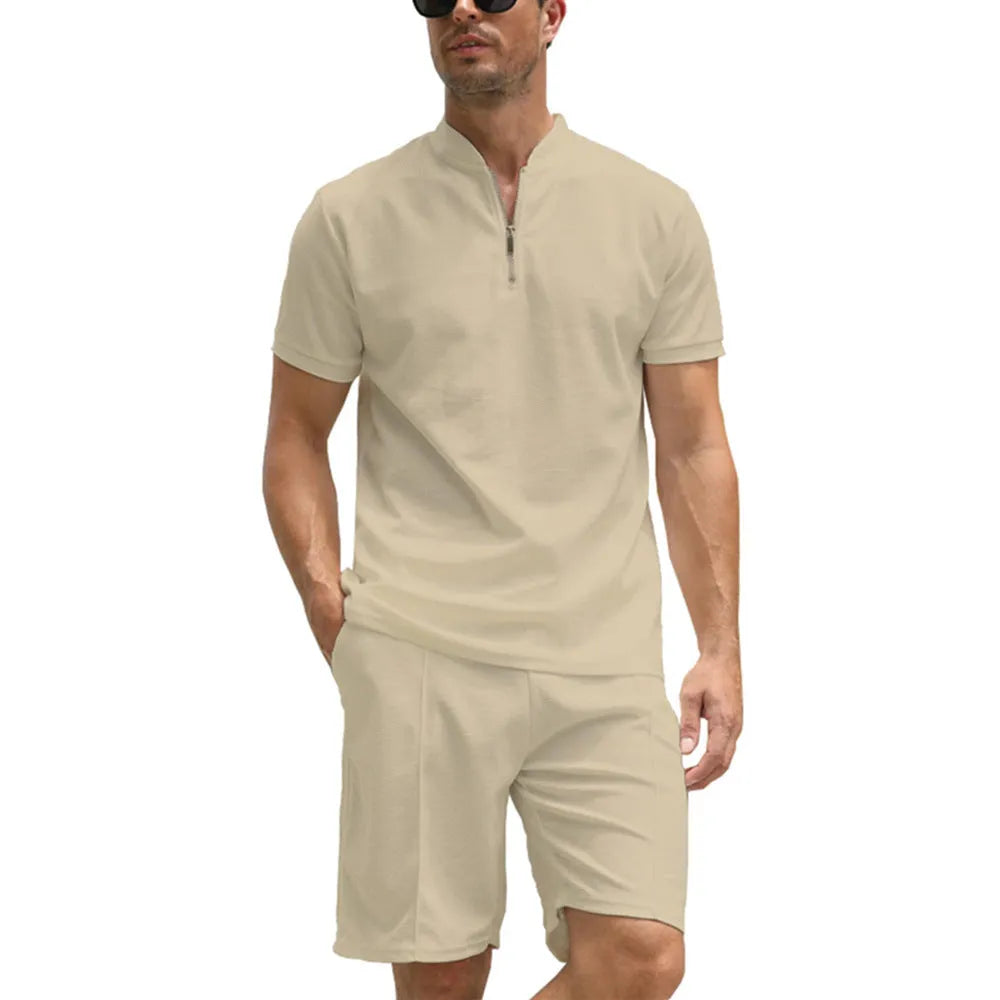 Men's solid colour polo shirt and matching shorts two-piece casual set