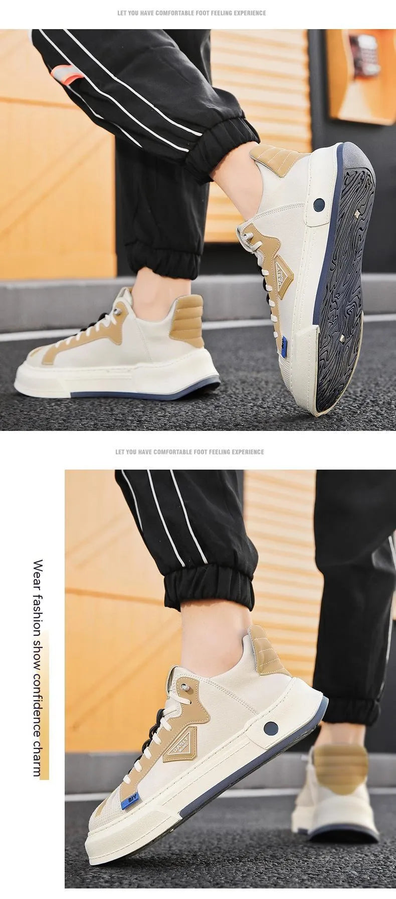 Men's beige and black elastic band casual sneakers with round toe and mesh lining