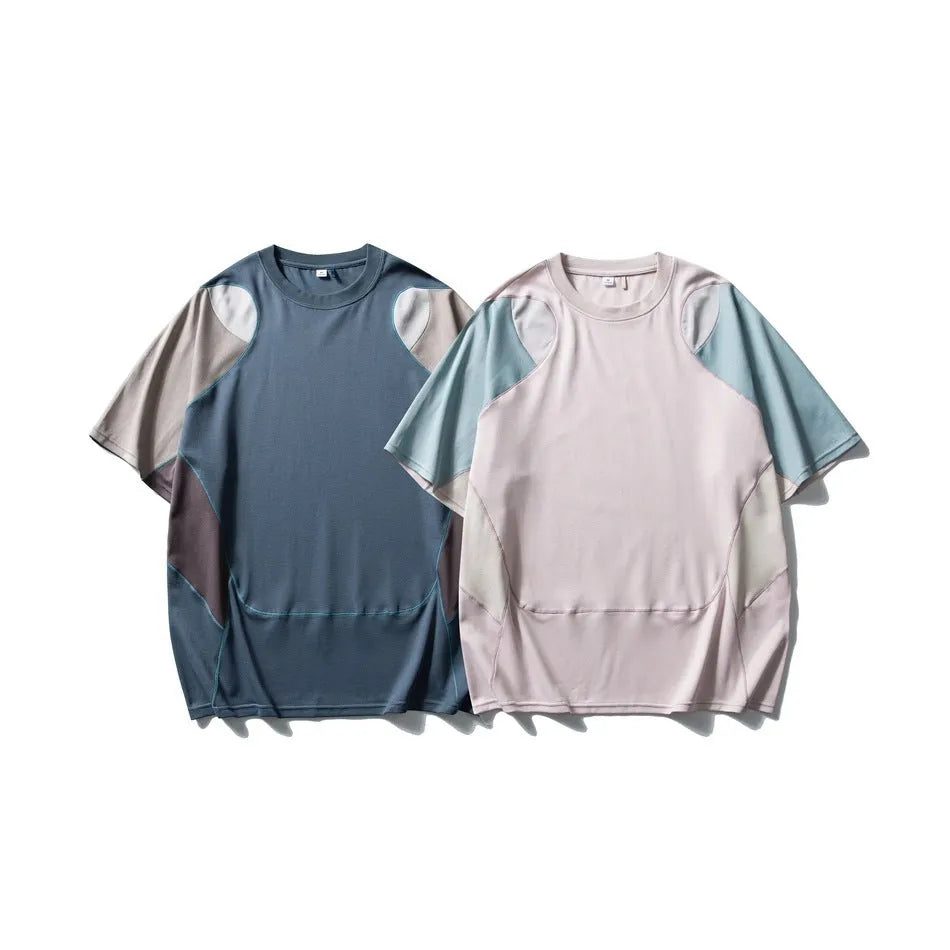 Men's loose fit patchwork contrast colour cotton blend T-shirt with raglan short sleeves
