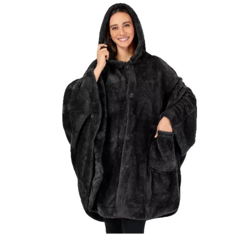 Thick cloak-style hooded bathrobe in black, dark grey, or pink, with long sleeves
